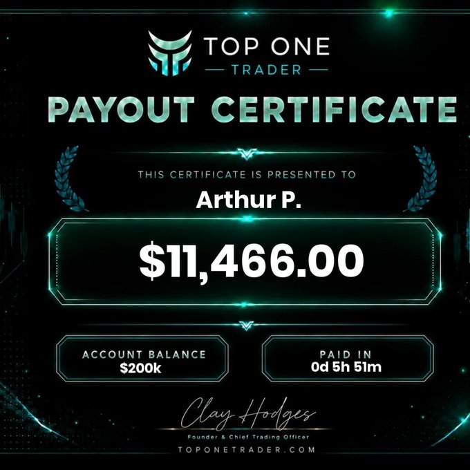 A 'TOP ONE TRADER' payout certificate for Arthur P. showing an $11,466.00 payout from a $200k account balance, signed by the Founder & Chief Trading Officer.