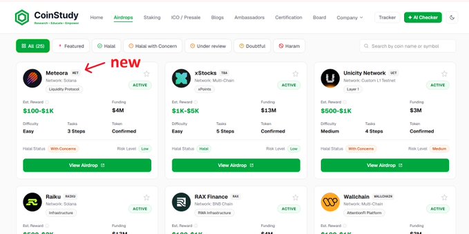 The image displays the CoinStudy airdrop tracker dashboard highlighting **Meteora** (marked with a red arrow and "new" label) alongside other active airdrops like xStocks, Unicity Network, Raiku, RAX Finance, and Wallchain, with Meteora showing an estimated reward of $100-$1K and $4M funding. It serves as a visual reference for potential upcoming airdrop opportunities to add to the user's portfolio, complementing the post's summary of $13,335 already earned from projects like Brevis, Sentient, Zama, and ROBO in 2026.