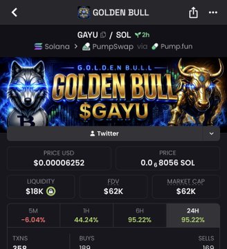 A cryptocurrency tracking page for GAYU/SOL token called 'GOLDEN BULL' on Solana via PumpSwap and Pump.fun, showing a price of $0.00006252, market cap of $62K, and a 95.22% increase over 24 hours.
