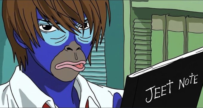 An anime-style drawing of a blue-faced character with brown hair reading a black book titled 'JEET NOTE'.