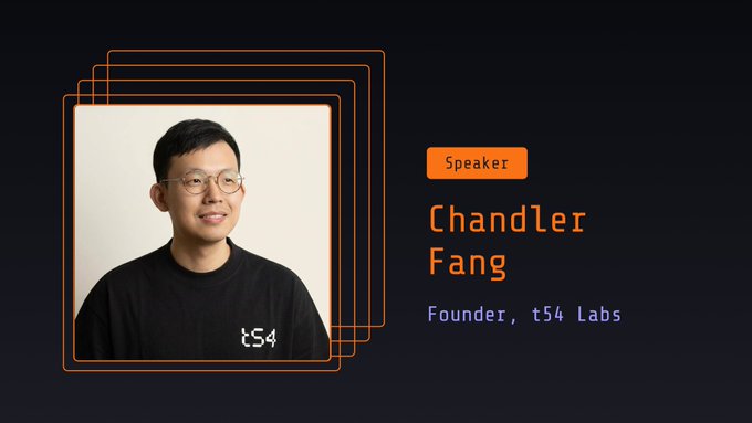 A speaker profile card featuring Chandler Fang, Founder of tS4 Labs, wearing a black "tS4" sweatshirt against a dark background with orange design elements.