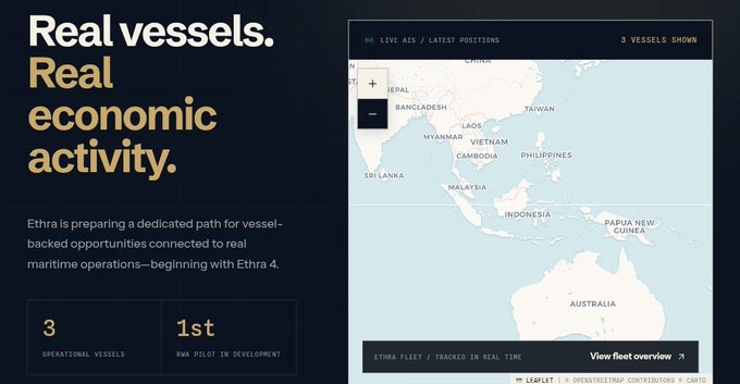 A dark-themed promotional webpage with the headline 'Real vessels. Real economic activity.' promoting Ethra, showing a map of Southeast Asia with vessel tracking and stats: 3 operational vessels, 1st RWA pilot in development.