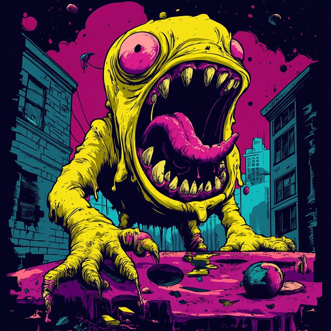 Vibrant comic book-style illustration of a giant yellow monster with bulging eyes and a gaping mouth full of sharp teeth, towering over a purple-hued urban landscape.