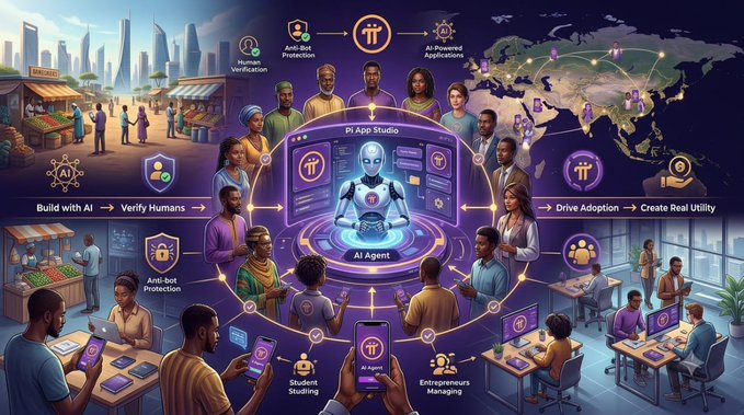 An infographic illustrates an AI ecosystem with a central 'AI Agent' surrounded by users, featuring text like 'Build with AI', 'Verify Humans', 'Drive Adoption', 'Create Real Utility', 'PI App Studio', 'Anti-Bot Protection', and 'AI-Powered Applications'.