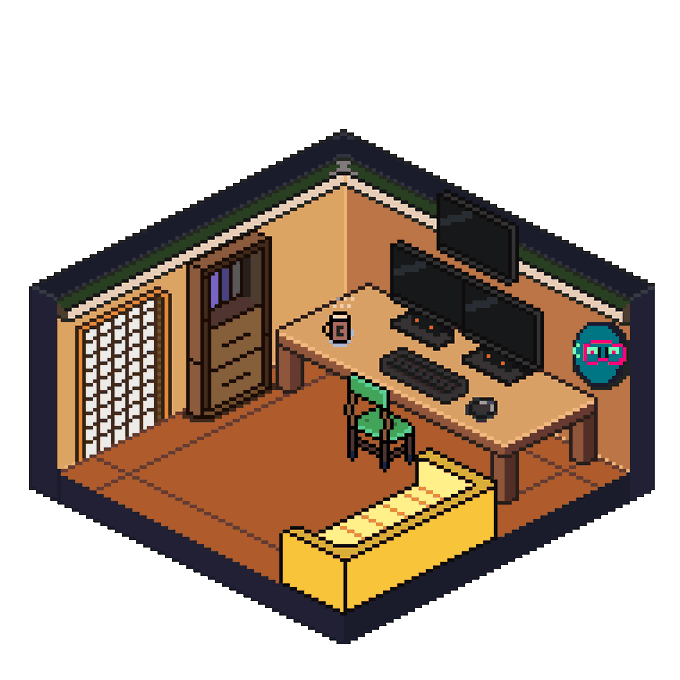 An isometric pixel art illustration of a cozy home office featuring a desk with three monitors, a green chair, a yellow sofa, a bookshelf, and a wooden cabinet.