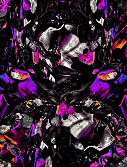A vibrant, symmetrical abstract digital artwork featuring distorted shapes in purple, black, white, and orange colors.