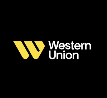 The image displays the Western Union logo, featuring a stylized yellow "W" alongside the company name "Western Union" in white text on a black background. This branding accompanies news of Western Union launching its Solana-based Stablecard, usable at 175 million Visa merchants.