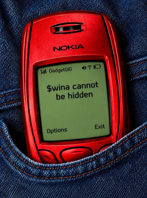 A red Nokia phone peeking out of a denim pocket, displaying the message '$wina cannot be hidden' on its screen.