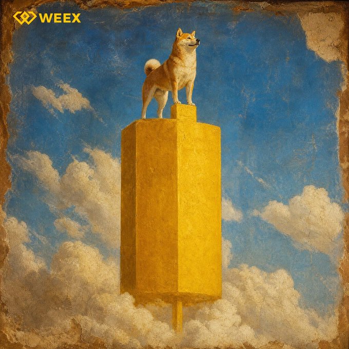 A Shiba Inu dog stands triumphantly atop a towering golden block reaching into the clouds, symbolizing the "finally reached the top" mood of workers looking forward to the weekend. The "WEEX" logo appears in the upper left corner, aligning with the post's celebration of making it through another work week.
