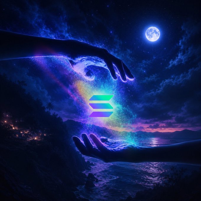 A digital artwork featuring two hands reaching toward each other with a glowing Solana (SOL) logo between them, set against a mystical night scene with a full moon over the ocean.