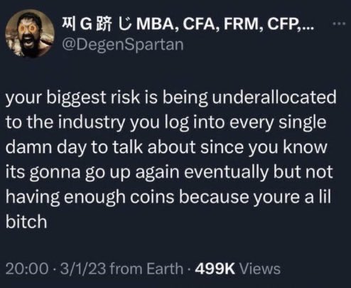 A tweet from @DegenSpartan dated 3/1/23 with 499K views, reading: 'your biggest risk is being underallocated to the industry you log into every single damn day to talk about since you know its gonna go up again eventually but not having enough coins because youre a lil bitch'.