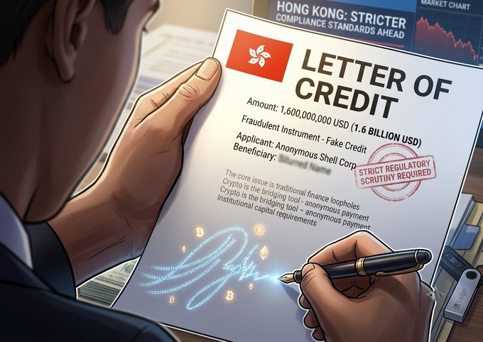 An illustration depicts a person signing a fraudulent Letter of Credit document worth 1,600,000,000 USD for Anonymous Shell Corp, marked with a Hong Kong flag and a 'Strict Regulatory Scrutiny Required' stamp, with glowing cryptocurrency symbols emerging from the pen.