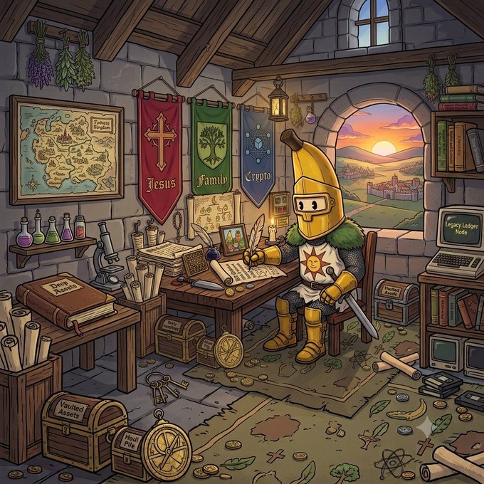 A cartoon illustration of a character in banana-themed knight armor sitting at a desk writing with a quill in a medieval study room with banners reading 'Jesus', 'Family', and 'Crypto'.