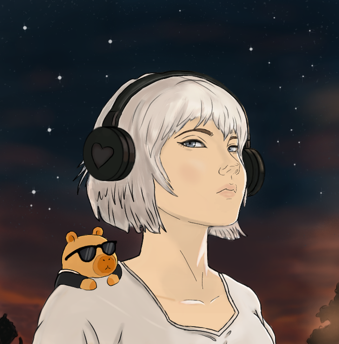 A digital illustration of a silver-haired anime-style character wearing black headphones with a heart logo, gazing toward a starry twilight sky, with a small cartoon bear wearing sunglasses perched on their shoulder. The image serves as a visual accompaniment to the giveaway post, likely used as the author's profile or promotional artwork to add personality and attract engagement for the NFT allocation collaboration.