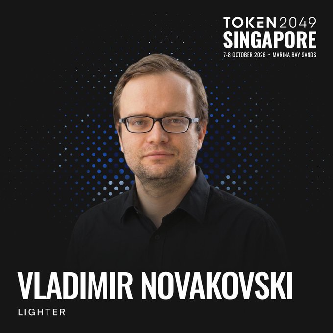 A promotional graphic for TOKEN2049 Singapore (7-8 October 2026, Marina Bay Sands) features a headshot of Vladimir Novakovski, Founder and CEO of Lighter, against a dark background accented by a blue dotted pattern. The image ties directly to the announcement of his upcoming speaking engagement at the conference, where he will discuss building trading infrastructure that bridges traditional and decentralized finance.
