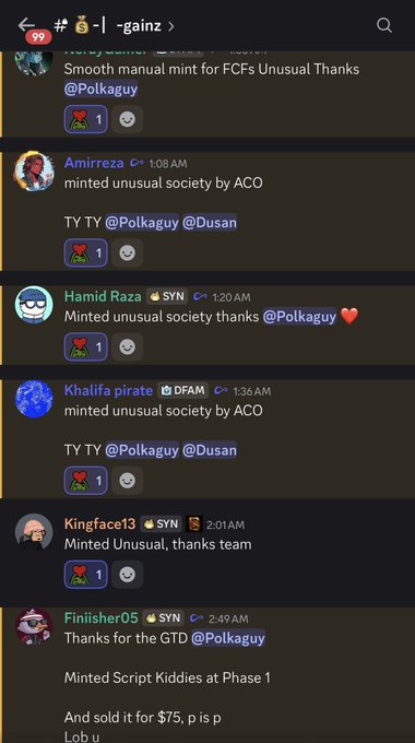 A Telegram channel '#-|-<gain>' chat log showing multiple users including Amireza, Hamid Raza, Khalifa pirate, and Kingface13 minting NFTs like 'unusual society' and thanking @Polkaguy.