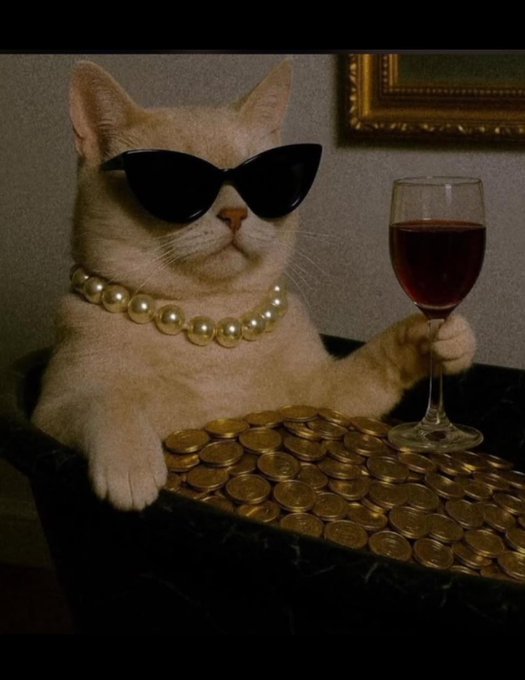 A stylized photograph of a cat wearing black sunglasses and a pearl necklace, sitting in a bathtub filled with gold coins while holding a glass of red wine, styled like 'Elf Cat' memes.