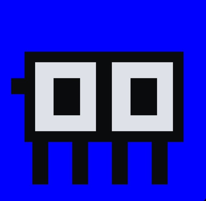 The image shows a pixel-art style black and white robot or computer-like character with two square eyes on a blue background. It appears to be the logo or mascot for the $CHIP token referenced in the post, which mentions buying the cryptocurrency on the Fomo App.