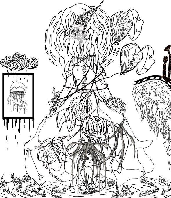 A detailed black and white line art illustration featuring a central female figure with flowing hair and intricate patterns, surrounded by surreal elements including floating heads, a jellyfish-like creature, and a framed portrait.