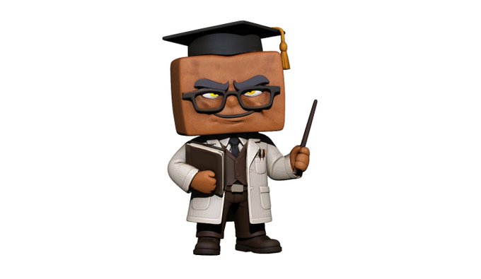 A 3D-rendered cartoon character with a square, brick-like head wearing glasses, a white lab coat, and a graduation cap, holding a book and a pointer.