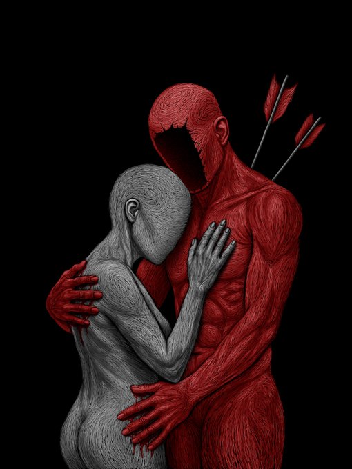 A dark digital artwork depicting a faceless gray humanoid being embraced by a faceless red figure with arrows piercing its back, representing one of 11/15 limited editions sold for $XTZ.