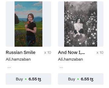The image displays two paintings side by side on a shopping website for sale. The bottom half of the picture features one painting with a girl in a field, while the top half shows another painting featuring an adult woman sitting among flowers. Below each painting, there is text that provides information about the artist or price. The post indicates that it has been edited and posted recently.