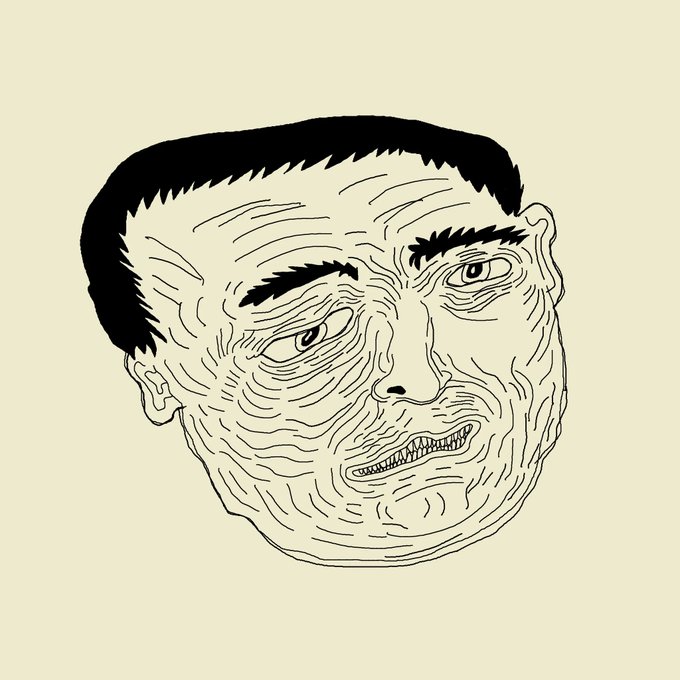 Black and white line drawing of a distorted, wrinkled face with thick eyebrows, slicked-back hair, and a wide grimace, resembling the 'cursed' meme art style.