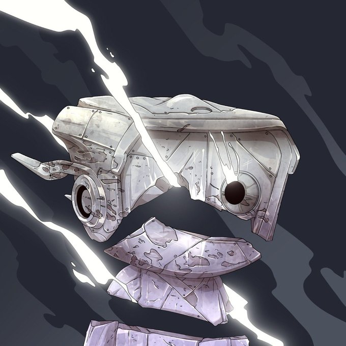 An anime-style illustration of a damaged, weathered white robot torso with one large dark eye and lightning bolts striking around it.