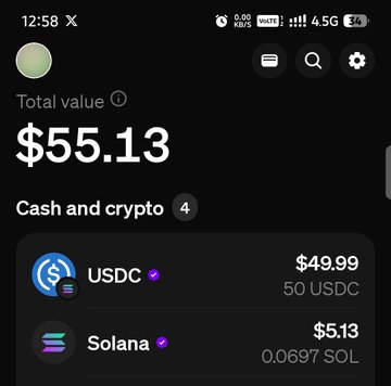 A mobile crypto wallet screenshot showing a total value of $55.13, with 'Cash and crypto 4' containing USDC at $49.99 (50 USDC) and Solana at $5.13 (0.0697 SOL), time 12:58.