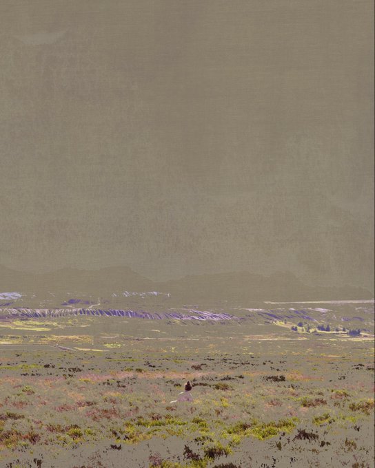 A hazy, stylized landscape image depicting a desert or plain with distant mountains under a muted sky, rendered with a vintage, faded photographic quality.