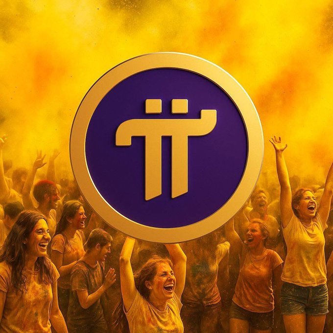 A promotional graphic featuring a purple Pi (π) cryptocurrency logo set against a vibrant yellow background with a crowd of cheering, paint-splattered people celebrating below.