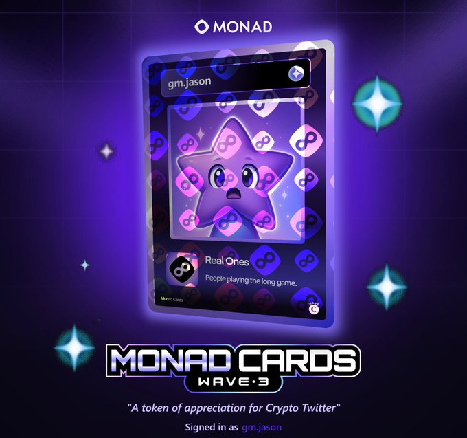 Promotional graphic for 'Monad Cards Wave 3' featuring a purple star-shaped cartoon character card titled 'Real Ones' with the description 'People playing the long game,' signed in as gm.jason.