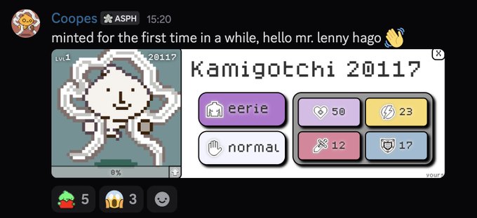 A Discord message from user 'Coopes' showing a Tamagotchi-style character called 'Kamigotchi 20117' with stats including eerie, normal, 50 heart, 23 lightning, 12 wrench, and 17 shield.
