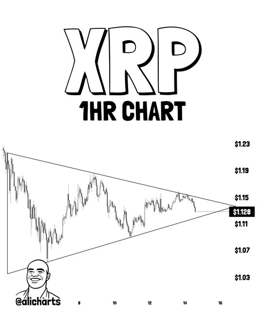 The image features a black-and-white drawing of a triangle representing a stock chart, with the price labeled below it as $XRP. The graph displays several peaks and valleys over time, suggesting that the price has been fluctuating frequently. One possible scenario depicted in this graph is that the price could experience a 14% increase or decrease, potentially leading to a move up to $1.18 or down to $1.14, depending on its performance.
