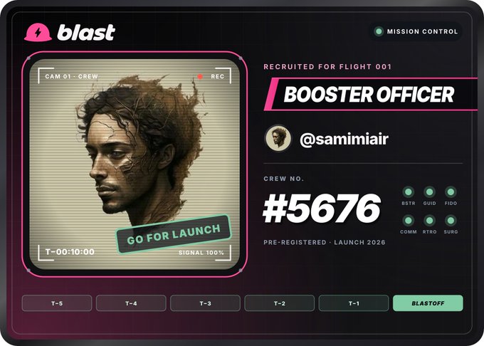 A 'blast' mission control card for 'BOOSTER OFFICER' @samimiair, Crew No. #5676, featuring a portrait of a man and a 'GO FOR LAUNCH' button.