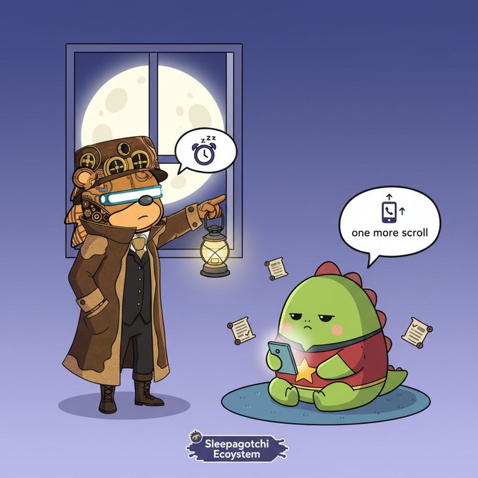 A steampunk "Sleep Coach" character with a lantern and nightcap gestures toward a moonlit window, telling a green dinosaur to put down its phone ("one more scroll"), with floating "zzz" and papers around them, illustrating the relatable bedtime struggle. The branded "Sleepagotchi Ecosystem" logo appears at the bottom, tying the scene to the post's theme of syncing sleep data and building better AI-driven insights through mindful sleep habits.