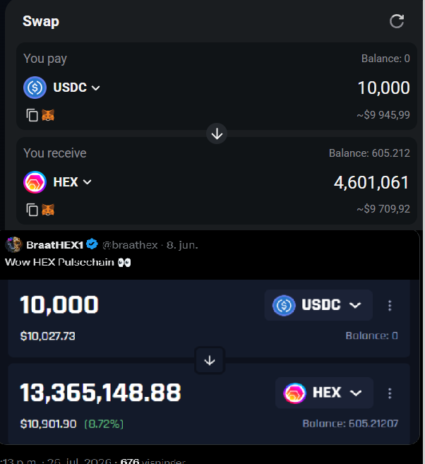 A cryptocurrency swap interface showing the exchange of 10,000 USDC for 4,601,061 HEX, alongside a tweet from BraatHEX1 about 'HEX Pulsechain'.