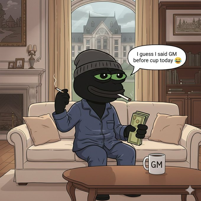 An AI-generated cartoon depicts a Pepe the Frog character wearing a beanie and blue pajamas, smoking and holding cash on a couch, with a speech bubble saying "I guess I said GM before cup today" and a "GM" mug on the table.