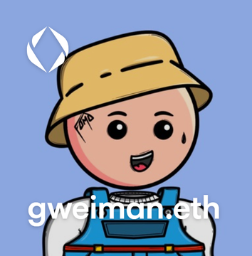 A cartoon avatar of a character in a yellow bucket hat and overalls appears with the text 'gweiman.eth' below it.