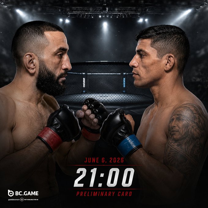 The image features two men wearing gloves, both of them standing inside a ring at a UFC fight. One man has tattoos on his arm while the other one does not have any visible tattoos. They are facing each other with boxing gloves, ready for the fight. The background shows a large crowd watching the match and a cage in the middle of the ring. The image also includes text that reads "BC.GAME - Where every strike pays." This suggests that there is an ongoing UFC fight taking place at this location, and the fighters are competing against each other to determine who will walk away with the W (wildcard).