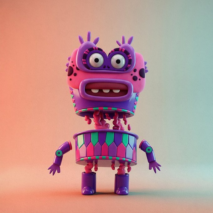 3D rendered illustration of a quirky purple and pink robotic creature with large expressive eyes, standing against a gradient peach and teal background.