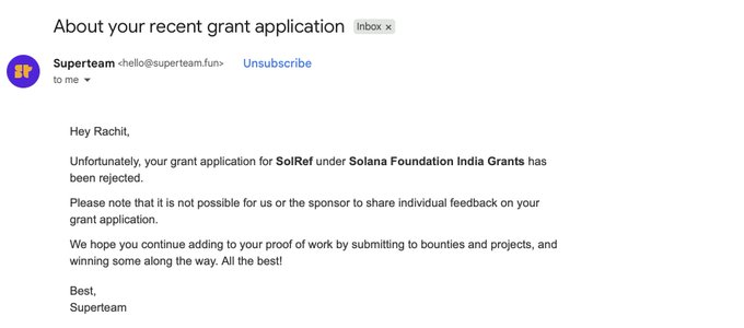 An email from Superteam rejecting a grant application for SolRef under Solana Foundation India Grants, stating that individual feedback cannot be shared.
