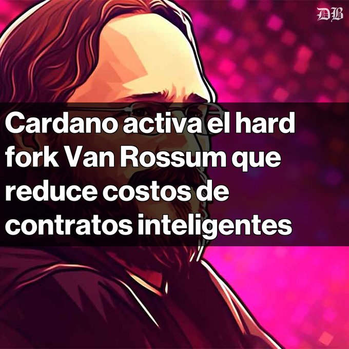 A Spanish-language crypto news graphic titled 'Cardano activa el hard fork Van Rossum que reduce costos de contratos inteligentes' featuring an illustrated portrait.