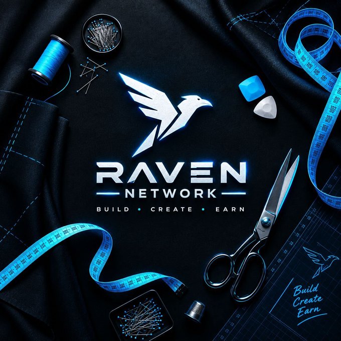 A dark promotional graphic for 'RAVEN NETWORK' with the tagline 'BUILD • CREATE • EARN', showing a glowing white bird logo surrounded by sewing supplies like a measuring tape, scissors, thread, and pins.