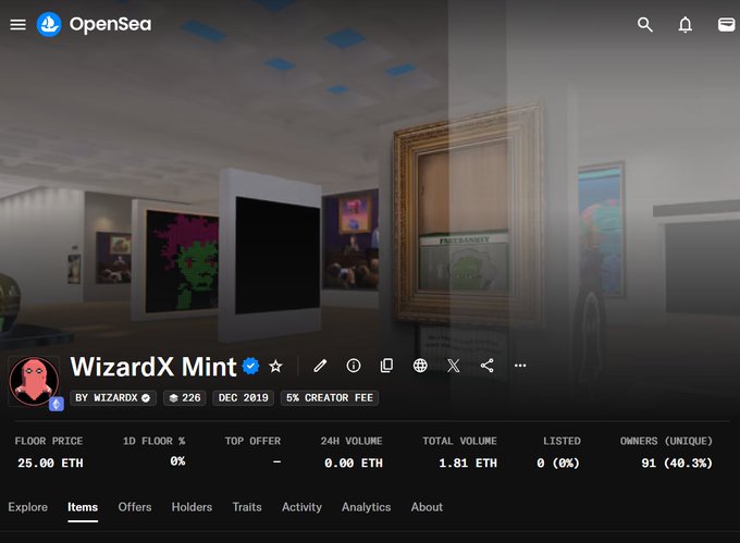 An OpenSea NFT collection page showing 'WizardX Mint' with a floor price of 25.00 ETH, 91 unique owners, and a gallery of framed digital artworks.