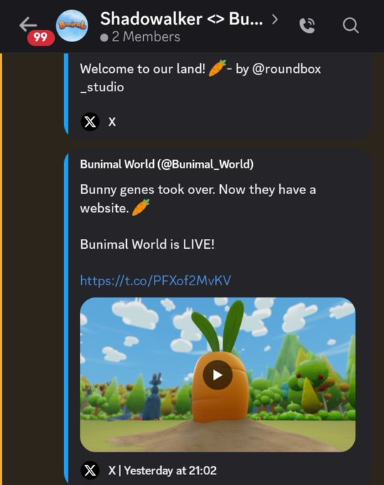 A Telegram chat screenshot from the "Shadowwalker" group (99+ members) showing a share from Bunimal World (@Bunimal_World) announcing that 'Bunny genes took over' and 'Bunimal World is LIVE!' with a link and a preview image of a carrot-shaped character.