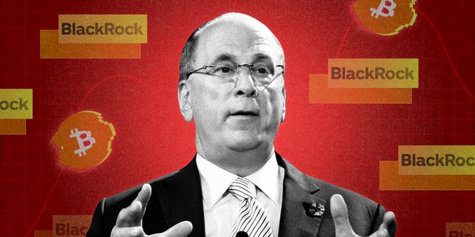 Larry Fink, CEO of BlackRock, is shown speaking in a black-and-white portrait against a bold red background featuring BlackRock logos and Bitcoin symbols, visually reinforcing his quote encouraging institutions to study rather than dismiss Bitcoin as the asset gains mainstream adoption.