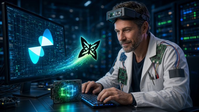 A man wearing a head-mounted device works at a computer displaying a glowing green quantum processing unit, with a stylized logo hovering between the monitor and the hardware, visually reinforcing the post's message about minting QFTs (Quantum Fingerprint Tokens) generated from real quantum hardware on the Quip Network.