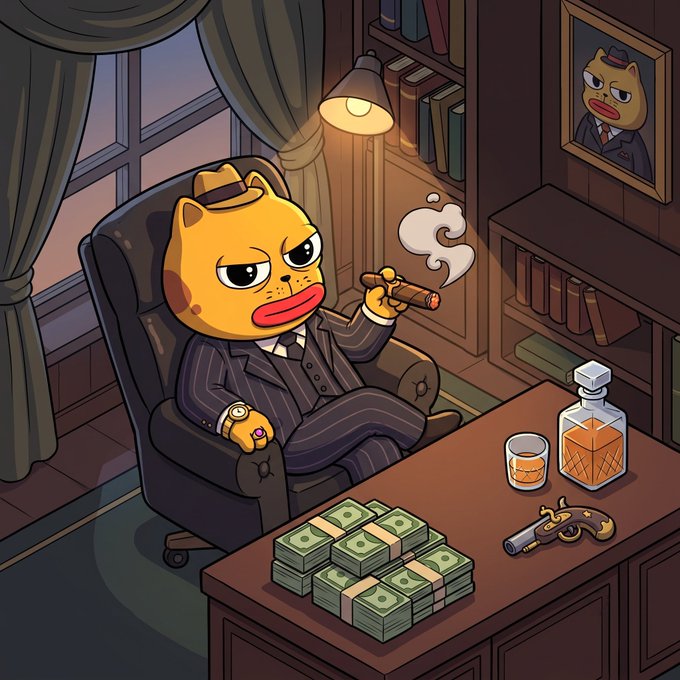 A cartoon orange cat in a pinstripe suit and fedora sits in a leather armchair smoking a cigar, surrounded by stacks of cash, a whiskey decanter, a pistol, and a portrait on the wall — imagery used to evoke the "cartel boss" branding for the 4,200 Pepe NFT mint promotion.