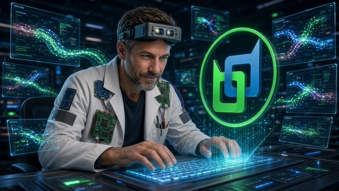 A tech-savvy man wearing a headset and lab coat works at a futuristic computer with glowing green circuit-board graphics and a prominent green stylized "Q" or "G" logo, illustrating the seamless in-app swap feature being promoted in the post. The image visually represents the concept of "keeping the swap in the same window" — eliminating the need to leave the Electron Wallet interface for external swap sites like QuickEx.